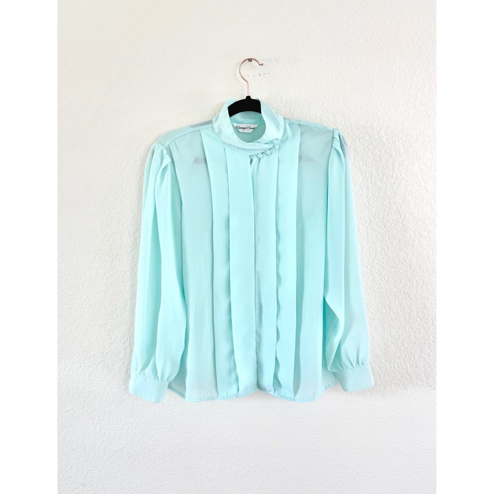 Carriage Court Blouse Womens Medium Mint Green‎ Pleated High Neck Vintage Bishop